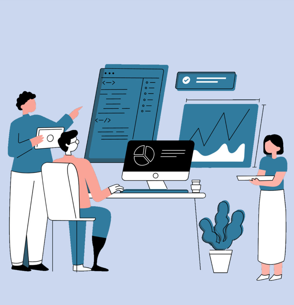 Positive Beziehungen für bessere Zusammenarbeit und Wohlbefinden. Drei Menschendie am PC sitzen und sich über Daten austauschen, symbolisieren gemeinsames Arbeiten für einen verbesserten Unternehmenserfolg.